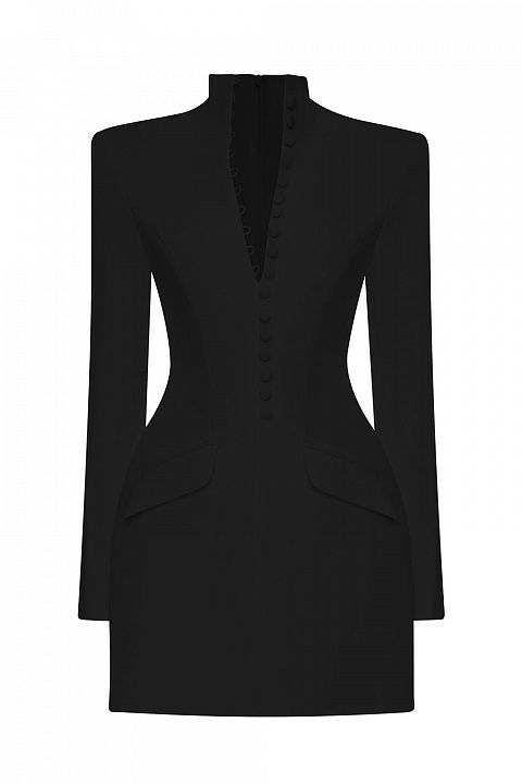 Стильное мини-платье с фигурным вырезом и рядом пуговиц