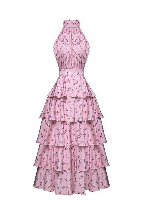 Платье миди с ярусной юбкой и эксклюзивным принтом