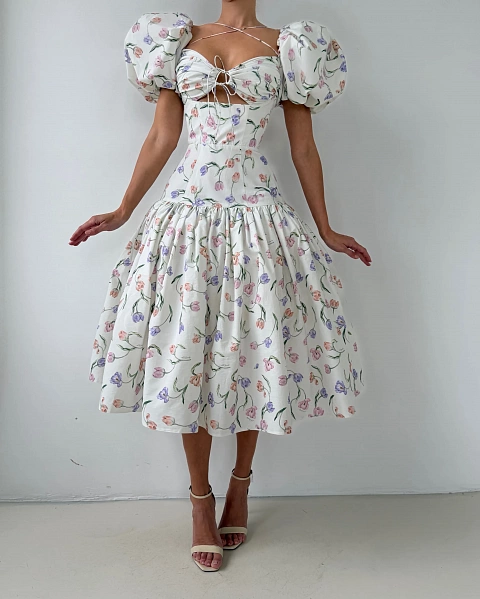 Хлопковое платье-миди с принтом и объемными рукавами