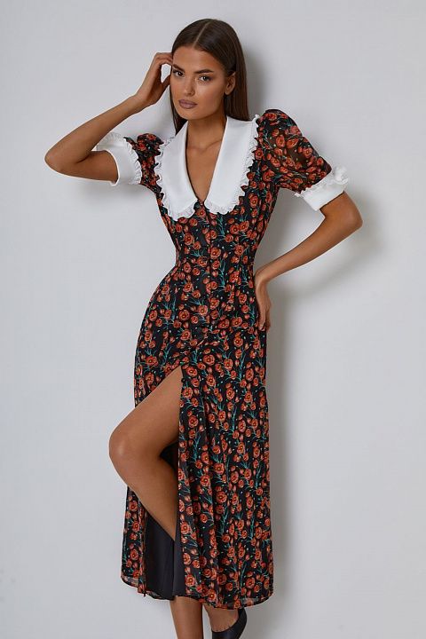 Платье миди с авторским принтом и акцентным воротником