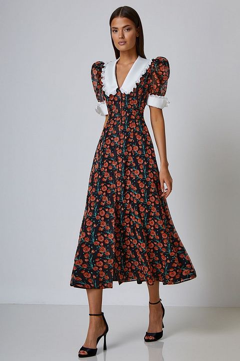 Платье миди с авторским принтом и акцентным воротником
