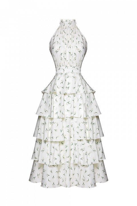 Платье миди с ярусной юбкой и эксклюзивным принтом