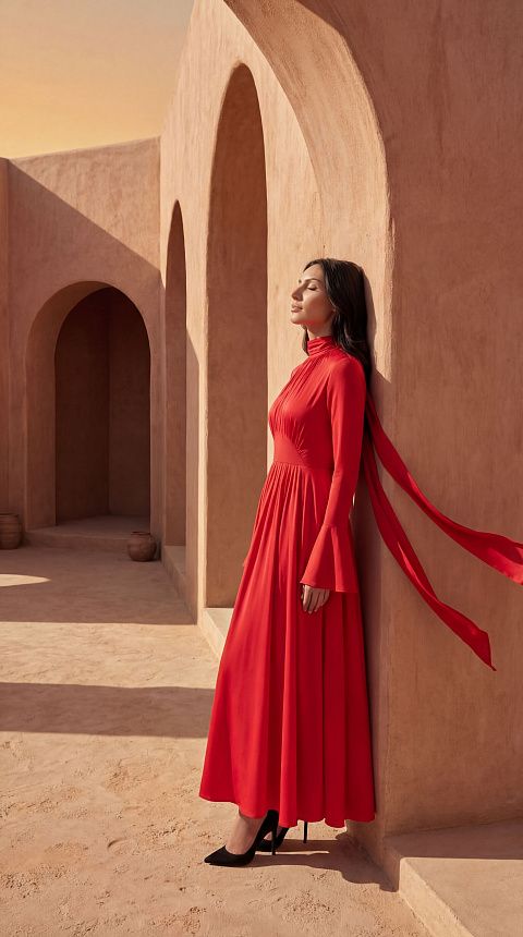 Платье миди с драпировкой и высоким воротом