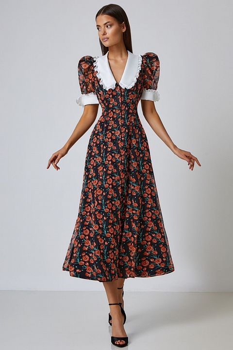 Платье миди с авторским принтом и акцентным воротником